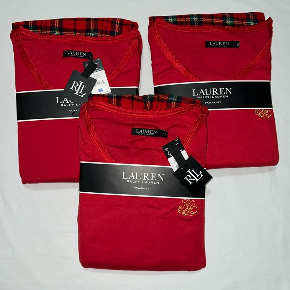 Ralph Lauren 2Pcs Garment Red Plaid V-Neck Pajama Set